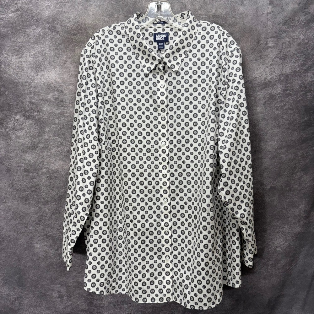 Lands End Button Down Shirt Size 24W White Navy Geometric Medallion Long Sleeve